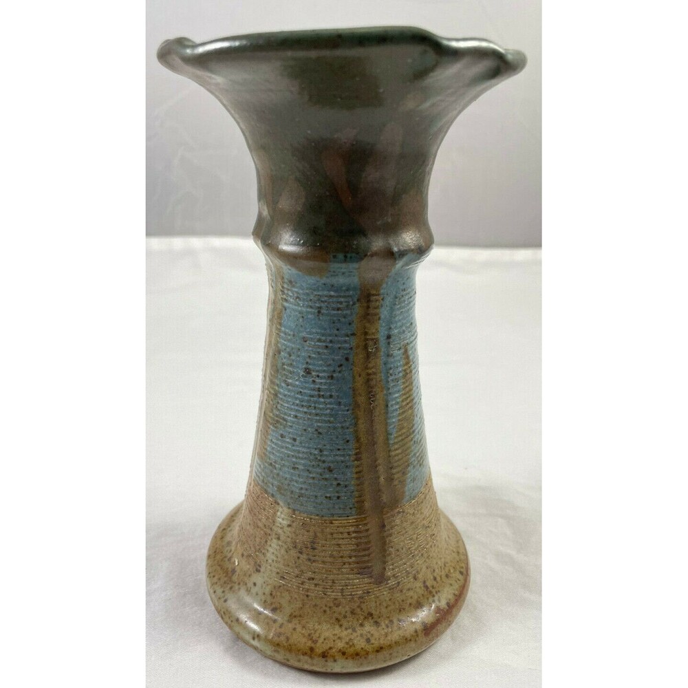 Jepson Studios Drip Glaze Candle Holder 7" Art Pottery Rustic Vase Green Tan
